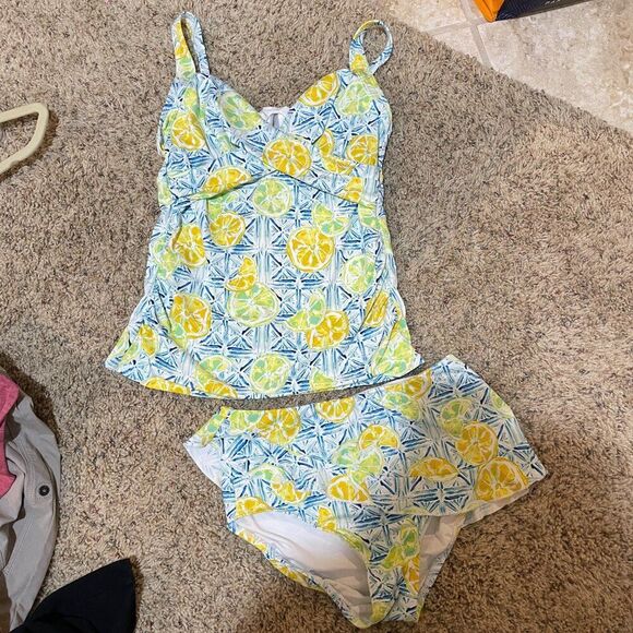 Lands End 4 Twist Front Underwire Tankini Skirt Bottoms Swimsuit Set Lemons Blue - Picture 3 of 13
